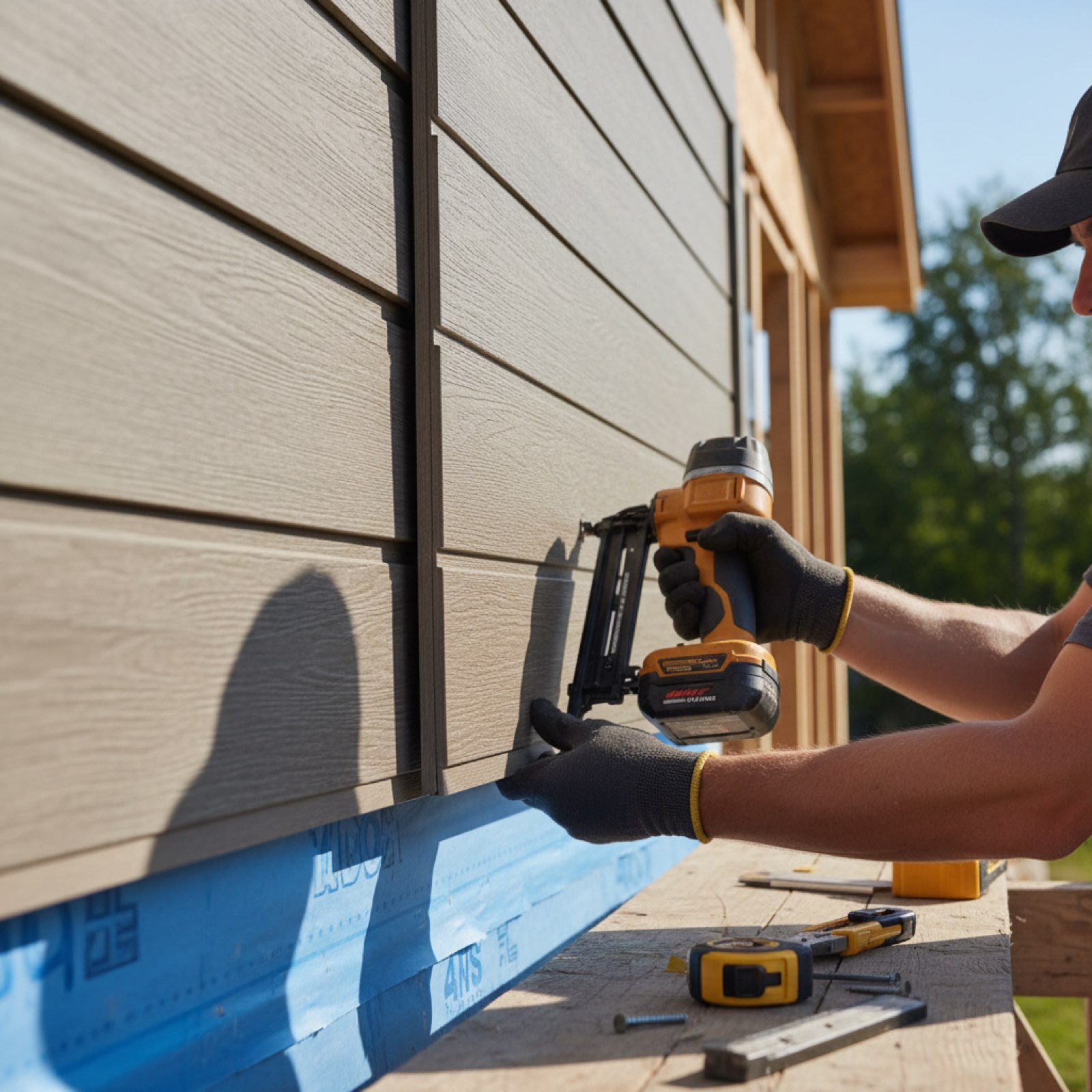 Contractor installing fiber cement lap siding on a home exterior